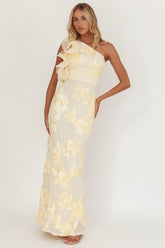 Deanna One-Shoulder Ruffle Maxi Dress Floral Texture Yellow