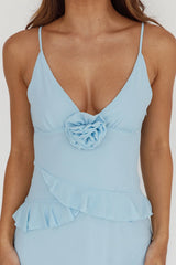 Marlie Frill Trim Rosette Maxi Dress Blue