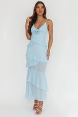 Marlie Frill Trim Rosette Maxi Dress Blue