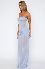 Sheer Grace Strapless Glitter Maxi Dress Powder Blue