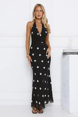 Polka Dot Parade Halter Maxi Dress Black