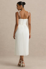 Agua | Cream Satin Sweetheart Midi Dress With Pleated Skirt