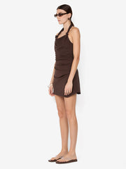 ANNETTA HALTER MINI DRESS - DARK CHOCOLATE