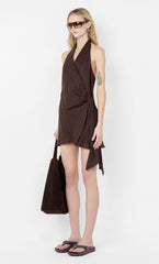 AUBREE WRAP MINI DRESS - DARK CHOCOLATE