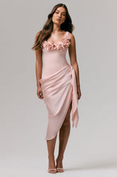 Letitia | Pale Pink Square-Neck Floral Detailed Wrap Midi Dress