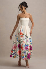 Annalise | Light Pink Floral Print Bandeau Skater Midi Dress