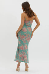 Fortune Lace Trim Mesh Midi Dress Green