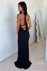 Amedeo Plunge Halter Neck Maxi Dress - Black