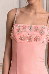 One To Remember | Coral Square-Neck Embellished Midi Dress