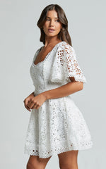 Marisole Mini Dress - A Line Flutter Sleeve Lace Dress in White