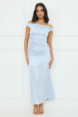 Polished Radiance Off Shoulder Satin Maxi Dress Blue
